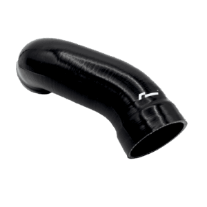 Close-up of a glossy black curved silicone tube with a white emblem, isolated on a black background.