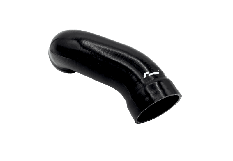 Close-up of a glossy black curved silicone tube with a white emblem, isolated on a black background.