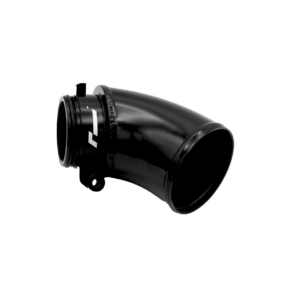 Close-up of a black cylindrical lens or tube with a mounting tab against a white background