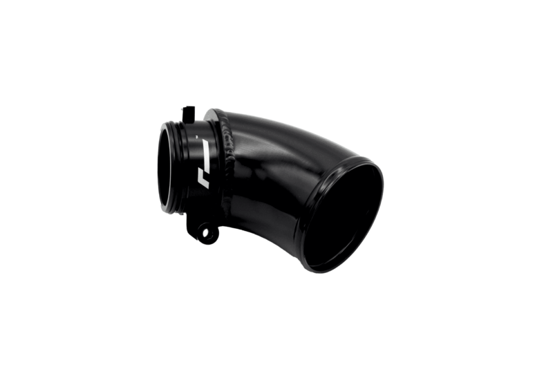 Close-up of a black cylindrical lens or tube with a mounting tab against a white background