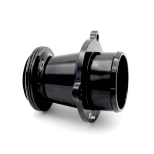 Close-up of a glossy black metal pipe fitting with a mounting tab and circular openings.