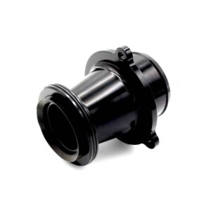 Close-up of a black dumbbell/barbell with weight plates and a locking collar against a white background, angled diagonally.