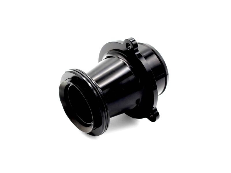 Close-up of a black dumbbell/barbell with weight plates and a locking collar against a white background, angled diagonally.