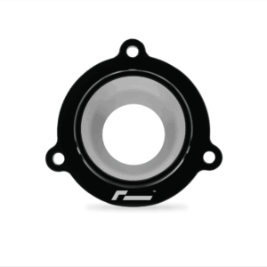 Black circular gasket flange with a central hollow bore and three mounting holes, on a white background.