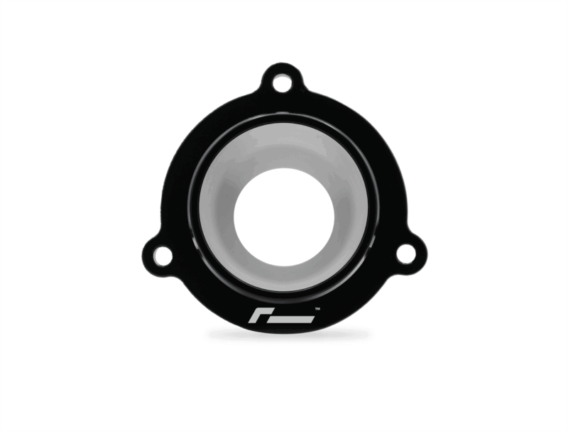 Black circular gasket flange with a central hollow bore and three mounting holes, on a white background.