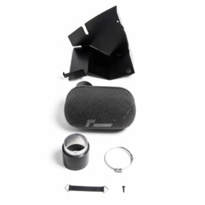 Exploded view of a black gadget mounting kit: foam case, metal clamps, rings, and small screws