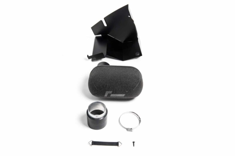 Exploded view of a black gadget mounting kit: foam case, metal clamps, rings, and small screws