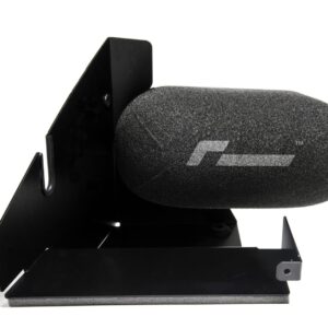 Professional black microphone with foam windscreen mounted on a metal stand, ready for recording studio use, logo visible on foam edge.