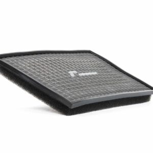 Rectangular car air filter with a metal grid and black foam frame.