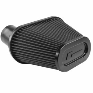 Black cylindrical pleated air filter for a vehicle (car/motorcycle) with metal end caps.