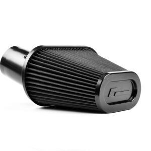 vwr12-g7r600f0_49426238706_o-scaled-2jpg - OPSHOLDERS Black conical car air filter with metal end caps, viewed from the side, on a white background.