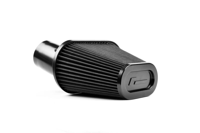 vwr12-g7r600f0_49426238706_o-scaled-2jpg - OPSHOLDERS Black conical car air filter with metal end caps, viewed from the side, on a white background.