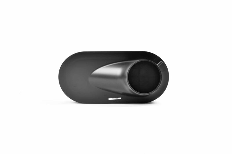 vwr12-g7r600f0_49426239551_o-scaled-2jpg - OPSHOLDERS Dark, glossy, oval-shaped object with a large circular hollow opening on one end; minimalist industrial design.