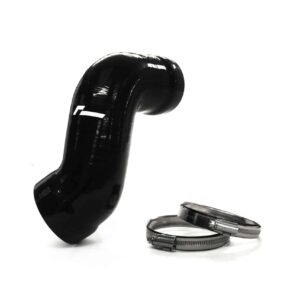 Glossy black flexible elbow hose resting on a white background, with a metal hose clamp nearby.