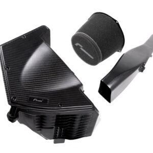 Carbon-fiber automotive air intake system with round foam filter and duct pieces.