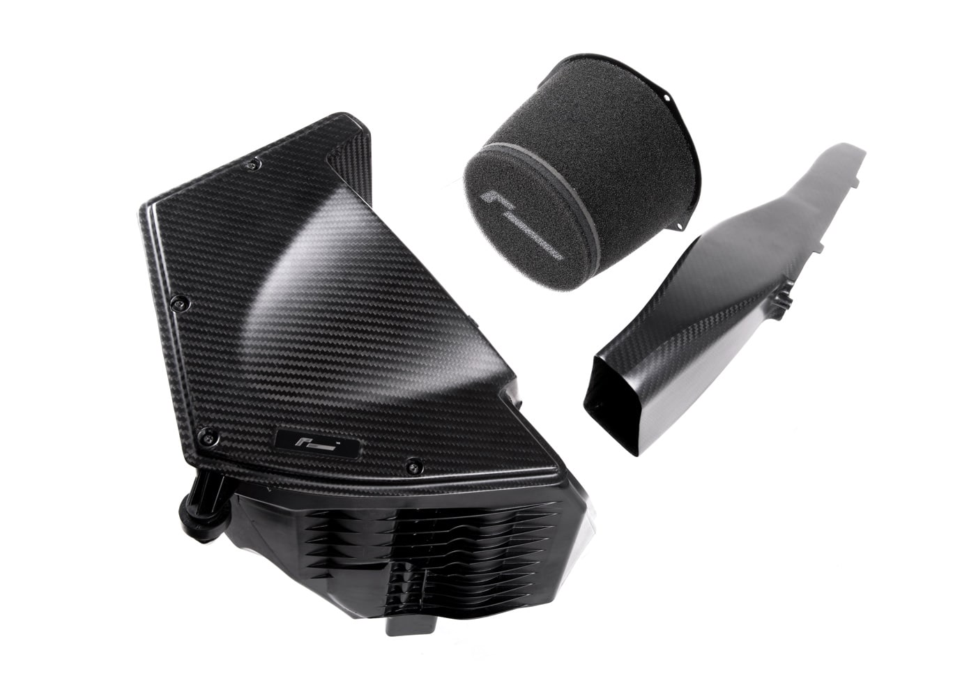 vwr1241s4-1jpg - OPSHOLDERS Carbon-fiber automotive air intake system with round foam filter and duct pieces.