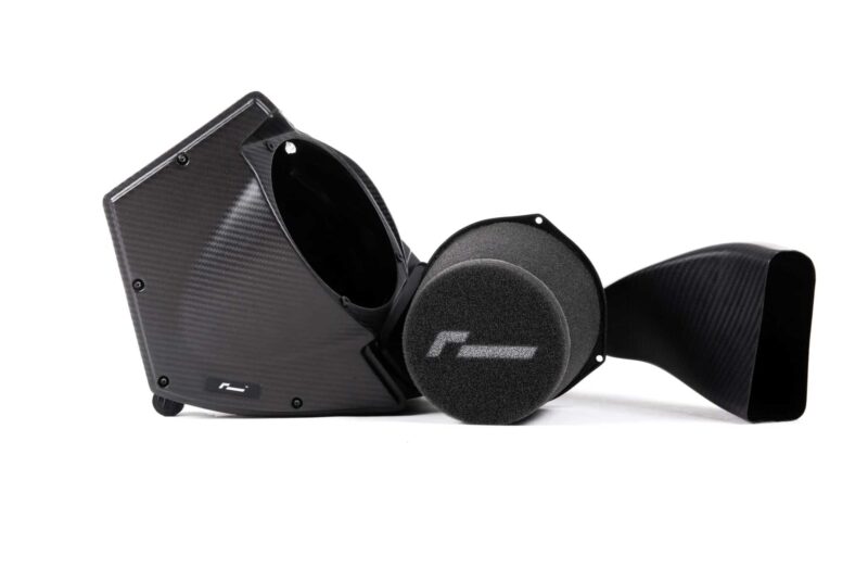 vwr1241s4_44956476085_o-scaled-2jpg - OPSHOLDERS Carbon fiber car air intake with round foam filters and mounting flanges, close-up view