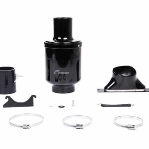 Turbocharger kit components laid out on a white background: central turbo housing, exhaust elbow, intake pipe, mounting brackets, clamps, bolts, and gaskets.