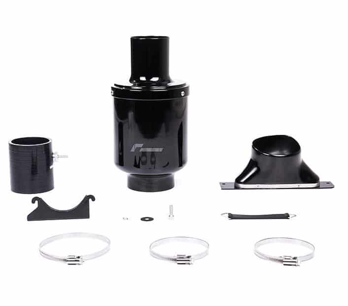 vwr12g60d-1jpg - OPSHOLDERS Turbocharger kit components laid out on a white background: central turbo housing, exhaust elbow, intake pipe, mounting brackets, clamps, bolts, and gaskets.