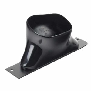 Black, funnel-shaped duct connector mounted on a rectangular metal mounting plate with two screw holes.