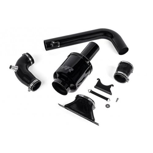 vwr12g60r-500x500_0-1jpg - OPSHOLDERS Black aftermarket car exhaust kit laid out, showing a muffler, curved pipes, flanges, clamps, and mounting hardware on a white background.