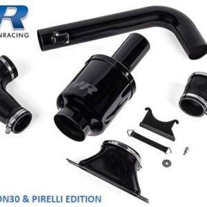 vwr12g6gt_bung__111331449609102-1jpeg - OPSHOLDERS Black VW Racing exhaust kit laid out on white with HR Volkswagen Racing logo; includes curved pipe, muffler, clamps, and fittings for Edition30 & Pirelli Edition.