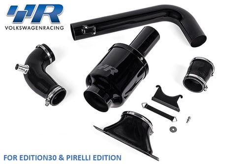 vwr12g6gt_bung__111331449609102-1jpeg - OPSHOLDERS Black VW Racing exhaust kit laid out on white with HR Volkswagen Racing logo; includes curved pipe, muffler, clamps, and fittings for Edition30 & Pirelli Edition.