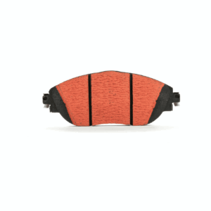 Front view of an orange brake pad with black backing and metal connectors on the sides, against a white background.