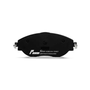 Black curved brake pad with metal mounting clips on either end, white etched markings visible on surface.