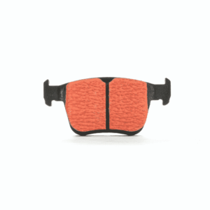 Pair of orange bicycle brake pads with black mounting arms on a white background.
