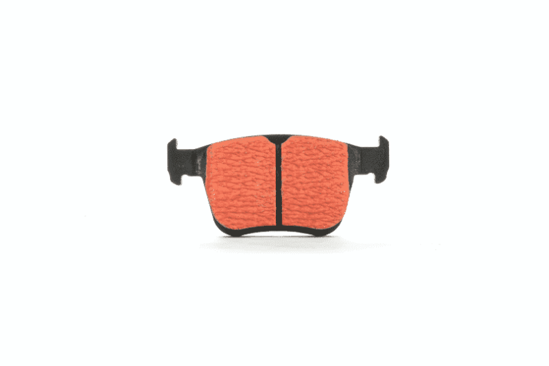 Pair of orange bicycle brake pads with black mounting arms on a white background.