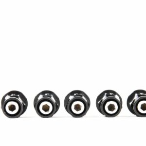 wheelnuts-20_45145251834_o-1jpg - OPSHOLDERS Five black lug nuts lined up horizontally on a white background.