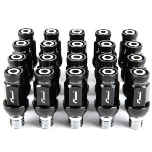 Row of black tire valve cores with metal threaded ends on a white background