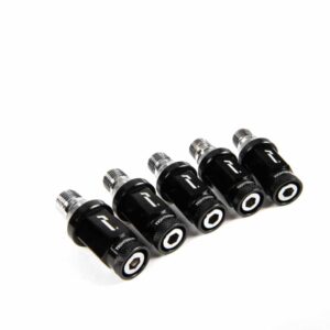 wheelnuts-8_45869602971_o-1jpg - OPSHOLDERS Five black cylindrical adapters with silver threaded ends lined up diagonally on a white background.