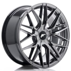 Glossy dark gray multi-spoke alloy car wheel with a central black cap featuring a stylized logo.
