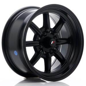 Black glossy alloy car wheel with six split spokes and central emblem on white background