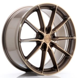 Bronze and black multi-spoke alloy car wheel rim photographed at angle. Clean, glossy finish with a metallic center cap.