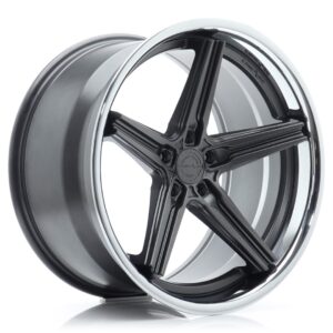 Five-spoke black alloy car wheel with a polished silver outer lip, shown at an angle.