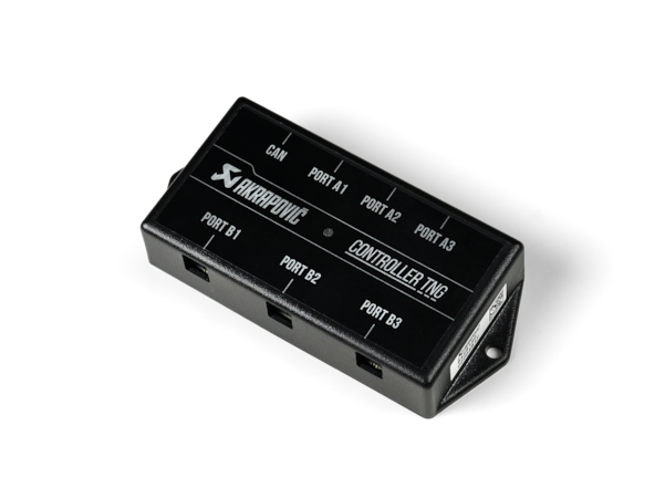 Akrapovic BMW M3 (G80, G81) Control Kit P-HF1383 - OPSHOLDERS Compact black Akrapovic controller module with four side ports and top-labeled ports (A1–A3 and B1–B3) and a mounting hole on the end, shown at an angled view.
