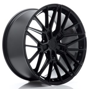 Black gloss alloy car wheel with a multi-spoke design on a white background, close-up view.