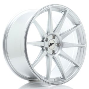 Silver alloy car wheel rim with eight spokes and a centered logo on the cap, viewed at an angle.