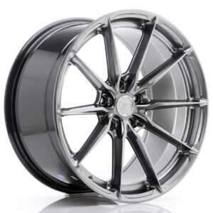 Shiny metallic alloy car wheel with a ten-spoke design and a central hub cap with a logo, set against a white background.