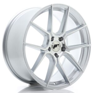 Silver alloy car wheel rim with five split spokes and a center cap logo area