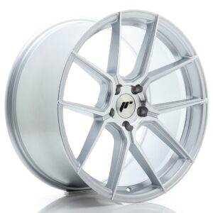 Silver alloy car wheel rim with five split spokes and center cap branding visible