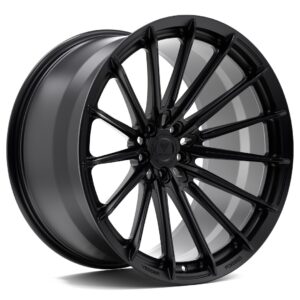 Black multi-spoke forged alloy wheel with a glossy finish and deep lip, shown at an angle.