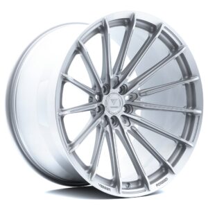 Aluminum alloy car wheel rim with multiple spokes and a silver finish, branded Vossen Forged, shown at an angle against a white background