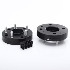 Set of black wheel spacers with studs and mounting bolts on a white background, used to add wheel offset.”] }? Wait need proper array. Let's craft multiple strings.