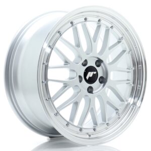 Polished silver alloy wheel with many spokes and a black center cap featuring a white logo