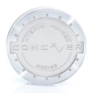 Round aluminum wheel center cap with raised inscription 'HYBRID FORGED' and 'CONCAVER SERIES' embossed across the center, shiny metallic finish.