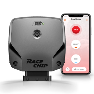 Close-up of a gray RaceChip device mounted beside a smartphone displaying a 'Drive Modes' app with a prominent red 'RACE' button.